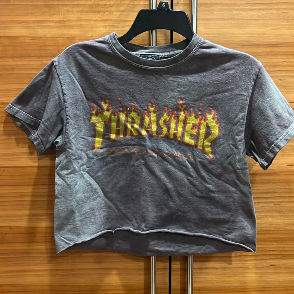 Thrasher Gray Cropped Flame Logo Tee